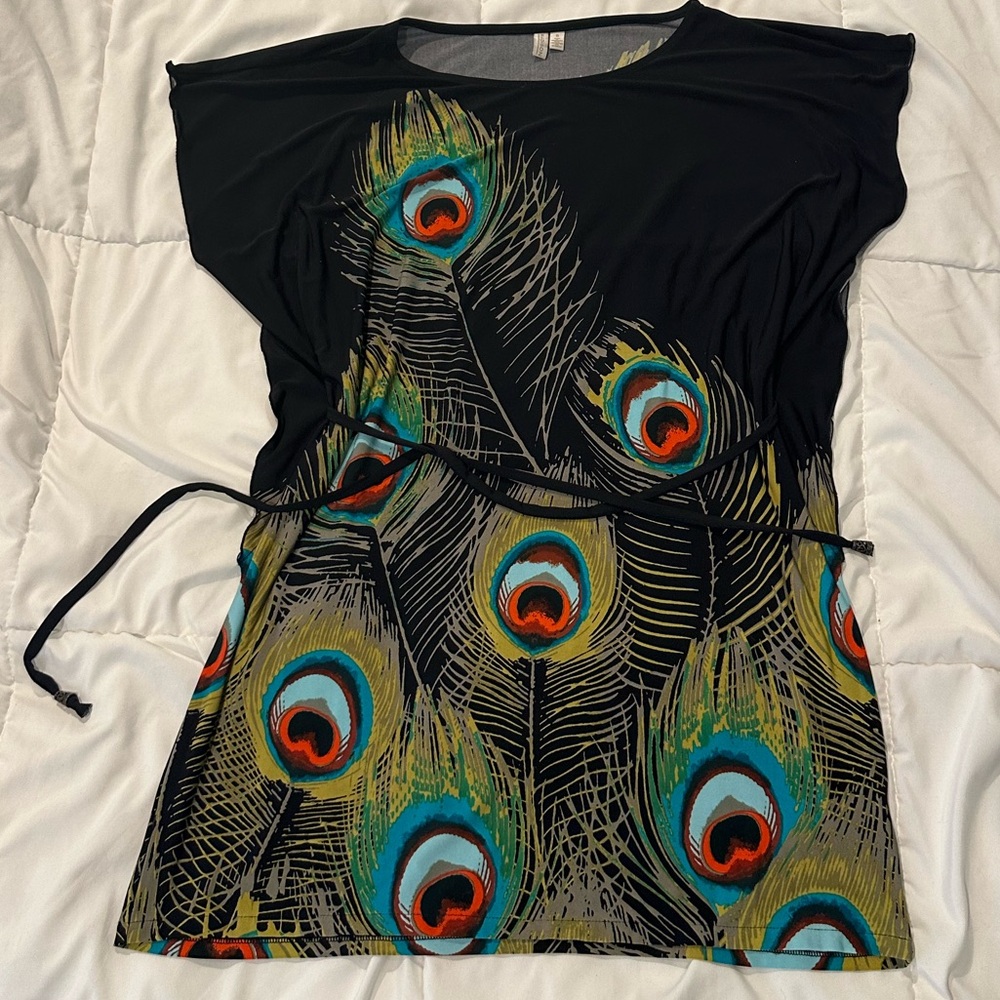 Madison Black, Short Dress w/ Peacock Feather Print